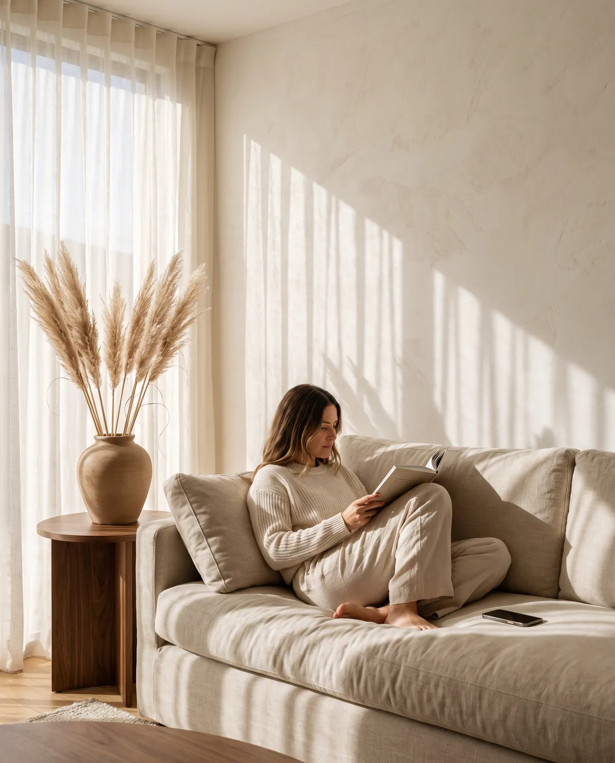 A beautifully designed living room in warm afternoon light